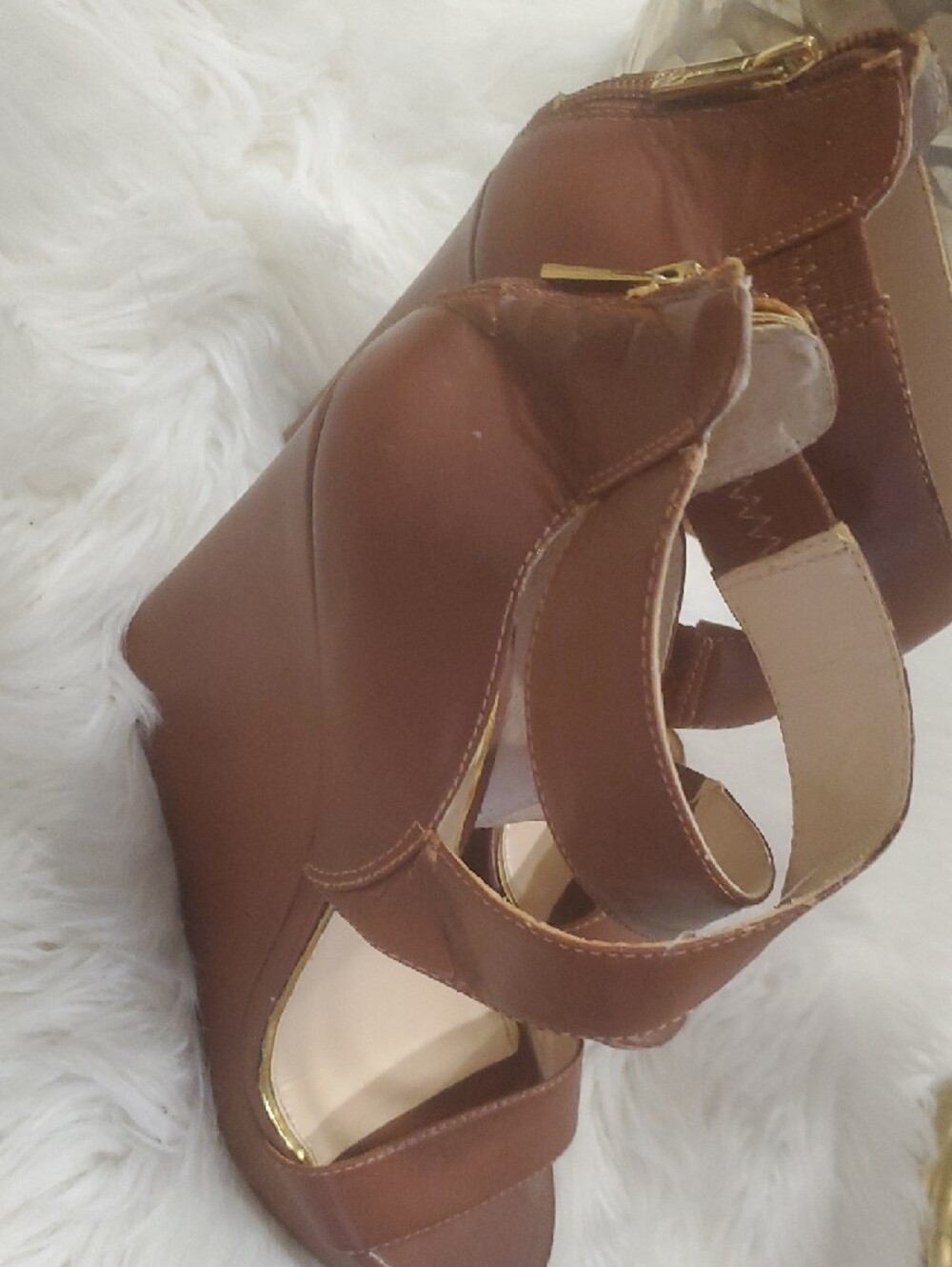 Jessica Simpson Brown Leather Crisscross Strap Wedge Heels Size 9 - Picture 15 of 15